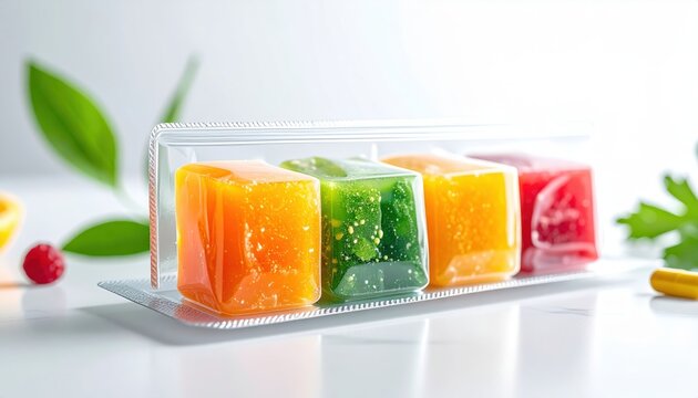 Colorful layered nutrient gels in transparent packaging for healthy snacks