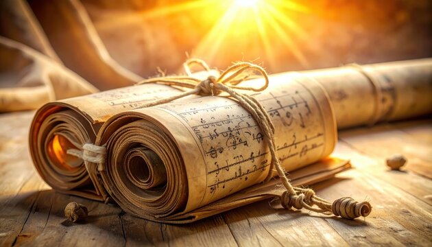 Ancient Sanskrit Palm Leaf Manuscript Scroll Tied With String Under Warm Sunlight