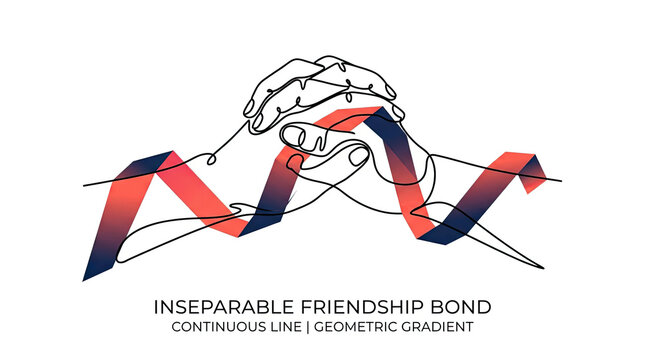 Inseparable friendship bond: hands clasped with a geometric ribbon graphic line art inseparable