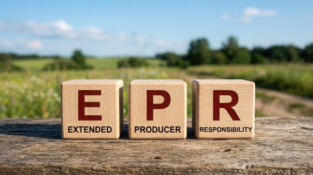Extended producer responsibility epr concept with wooden blocks on a rustic wooden surface in nature