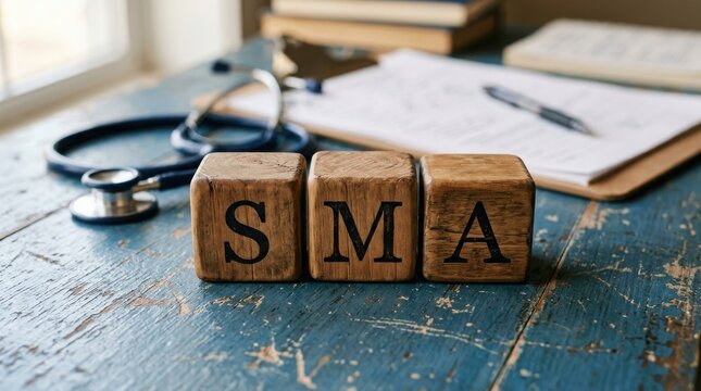 Wooden blocks with sma letters on desk with stethoscope and medical documents
