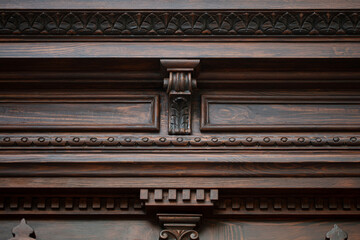 Carved wooden door cornice detail with modillions and ornamental molding, restored historic entrance Odesa Ukraine © Alex Levitsky