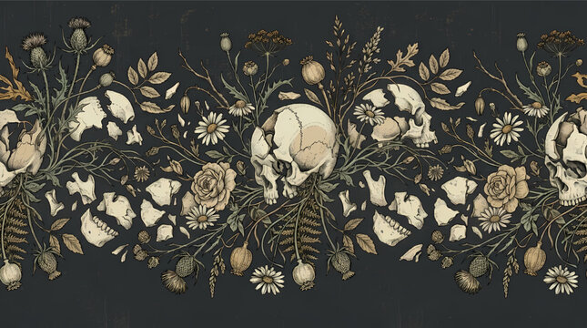 Vintage floral pattern with skulls and bones on dark background eerie botanical design