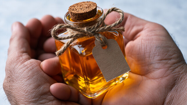 Close-up of calloused hands holding a small glass bottle of golden homemade apple cider vinegar against a sterile white background, liquid catching light like amber, a handwritten label tied with tw