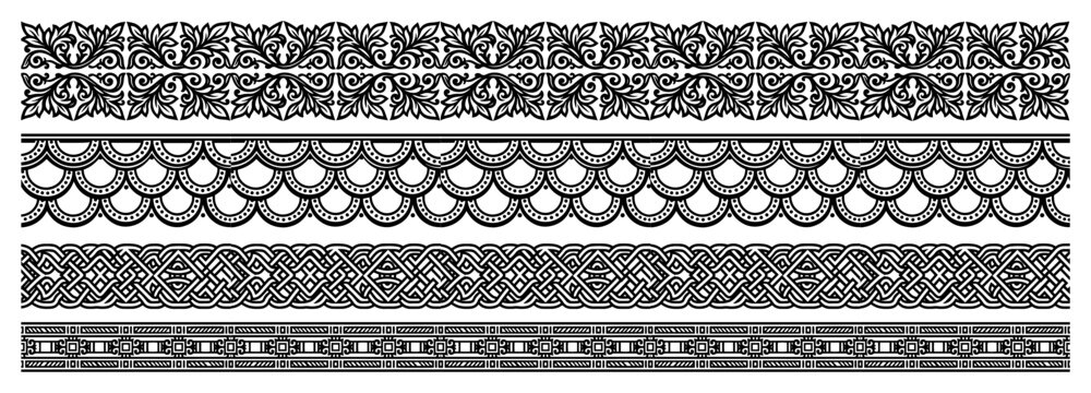 Ornamental floral and geometric border patterns in classical line art style