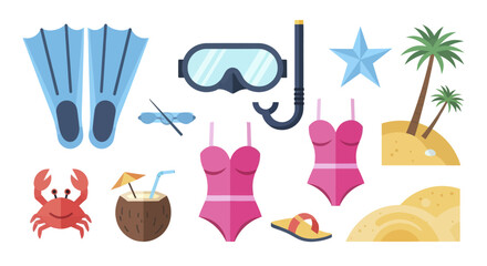 Collection of summer vacation and beach essentials for a tropical getaway. © art.Co