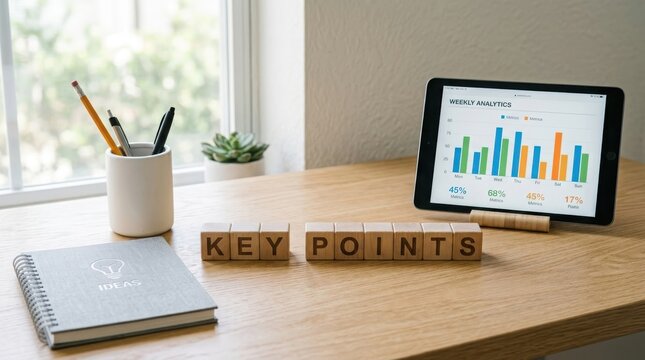 Key points concept with wooden blocks and tablet on desk