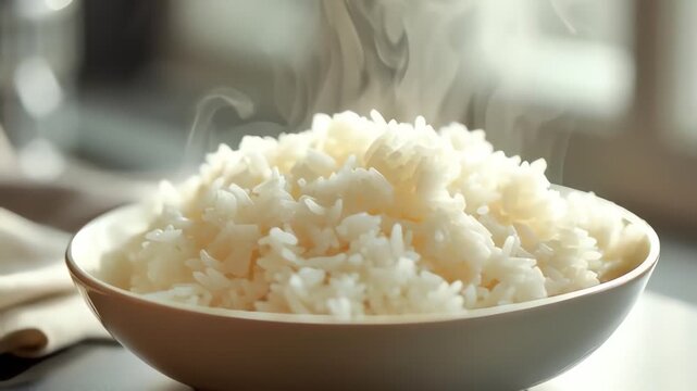 steaming white rice in round light beige ceramic bowl closeup with soft natural light