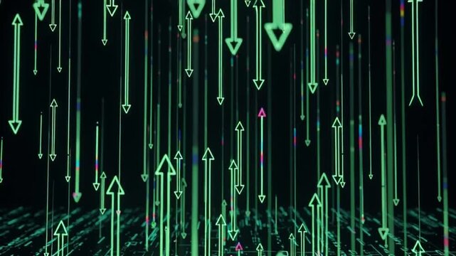 An abstract digital green background features a futuristic binary code pattern with a glowing matrix data network texture illustration