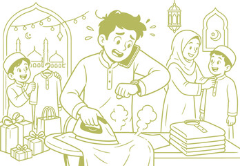 Fototapeta premium Muslim Family Eid Preparation Rush illustration