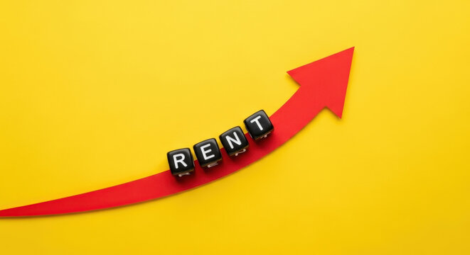 Concept of Increasing Rent With Word on Cubes and Red Arrow Symbolizing Rising Rental Rates Real Estate Price Property Market Expense Cost