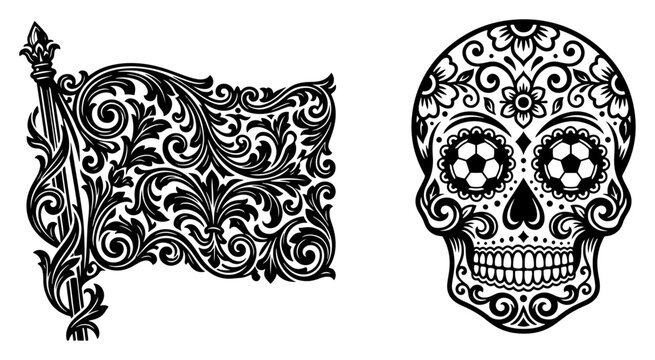 Ornate flag with floral filigree patterns and decorated sugar skull engraving style