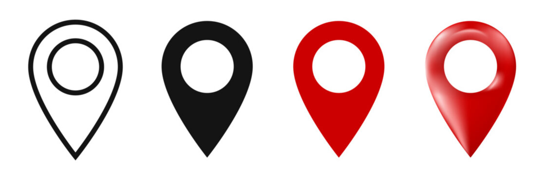 Location Pin icon Set, Red and Black Travel Map Markers in Flat, 3D and Outline Styles For  web and app ui interface Vector illustration