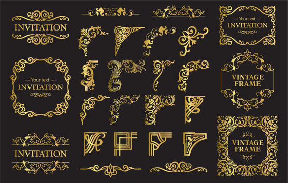 Design elements set, decorative flourish border corner and frame collection for invitation, menu and page decoration