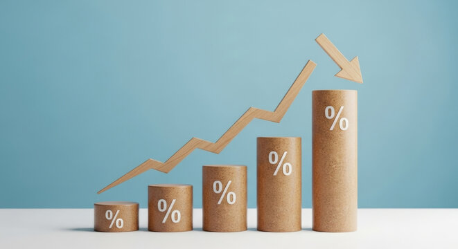 Cork Columns Show Percentage Decrease Arrow Pointing Down Symbolizing Economic Recession and Business Downturn on Light Blue Background