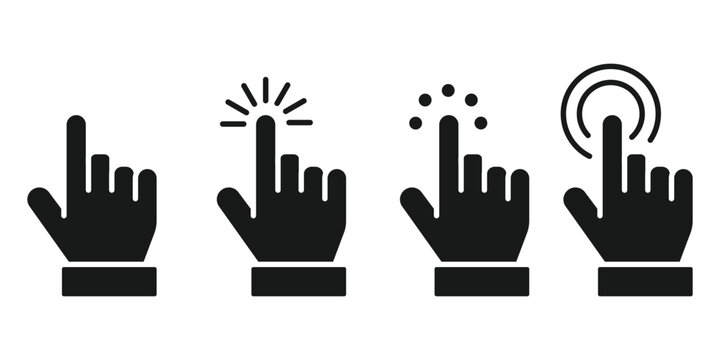 Click here icon set, Hand clicking, finger, Touch screen, pointer, cursor, gesture symbols