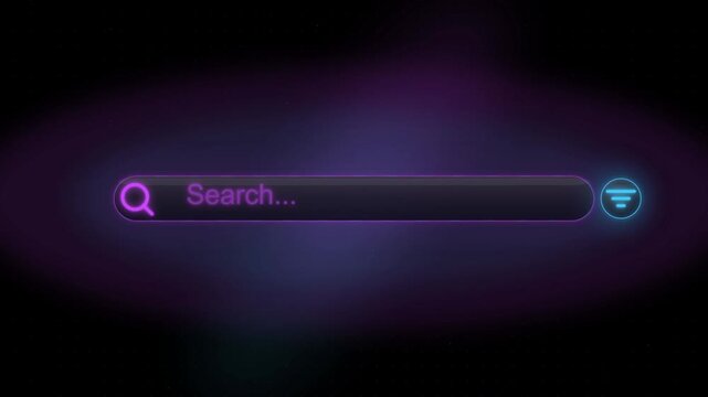 A futuristic 4K resolution motion graphic video of a glowing purple neon search bar designed for digital web interfaces where users find information on a dark screen.