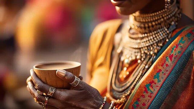 close up of african woman hands holding steaming wooden cup vibrant traditional attire