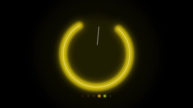 A 4K motion graphic animation featuring a glowing neon power button icon on a dark black background changing from orange to green to represent a system start-up.