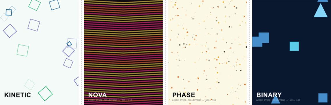 Minimalist abstract poster collection, kinetic geometric patterns and nova wave textures, set of 4 phase and binary vector backgrounds for modern branding