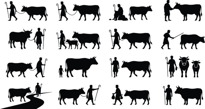 Shepherd and Cow Silhouette Icons Set with Herder Leading Cattle Vectors