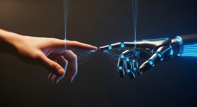Futuristic robot hand touching human finger, AI technology concept