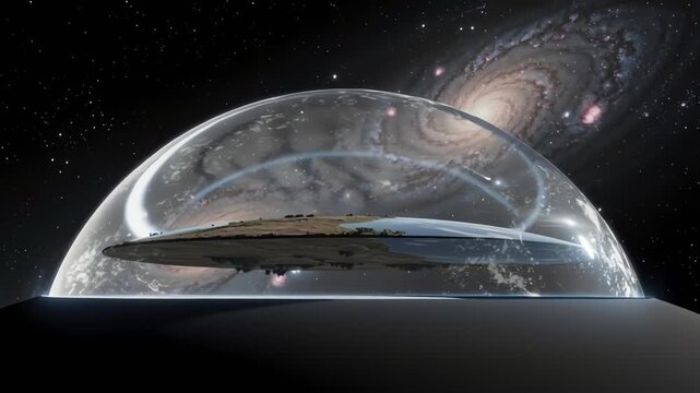 Flat Earth encased in glass dome, surrounded by galaxies and comets in space