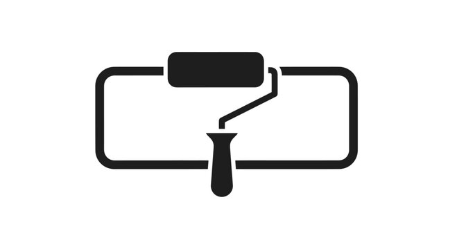Black icon of a paint roller with a handle centered within a rectangular frame