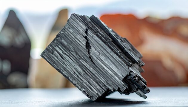Rough graphite block with layered texture rests on a slate slab, revealing intricate natural details.
