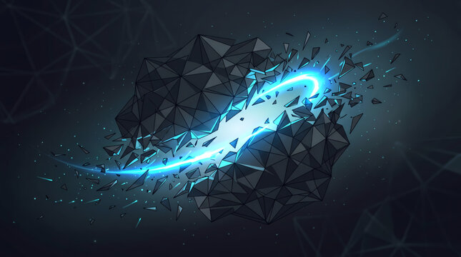 Glowing blue light explodes from shattered geometric sphere in dark space
