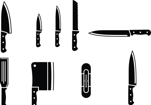 Kitchen Knife and Cutlery Icon Set with Chef Knife, Paring Knife, Bread Knife, Carving Knife, Cleaver, Utility Knife, and Fillet Knife for Cooking, Culinary, and Food Preparation Design Projects