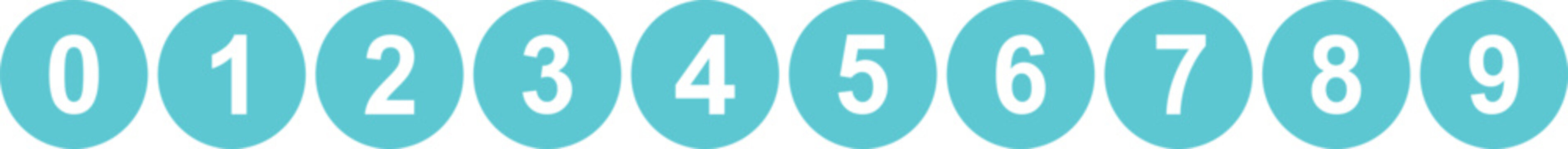 Blue number icons from zero to nine isolated on white background with clean modern circular design. Minimal numeric symbol collection for education, counting, digital interfaces, children learning and