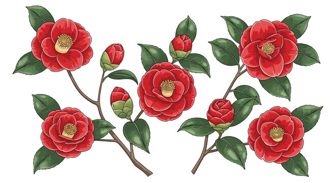 Set of camellia branches featuring vibrant red flowers and various stages of budding leaves for botanical design elements.
