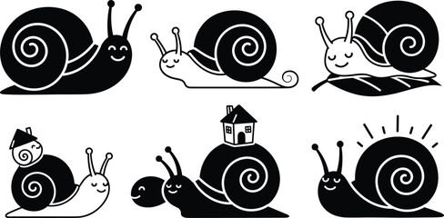 Snail Icon Set with Cartoon Snails in Various Poses, Slow Movement, Leaf, and House Shell for Nature, Animal, Wildlife, and Educational Design Projects © Mijanur