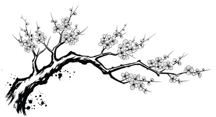 Obraz premium Artistic ink sketch of a gnarled tree branch adorned with delicate white cherry blossoms on a clean white background.