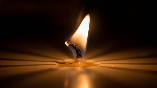 Close-up of a burning candle wick with melting wax and glowing light