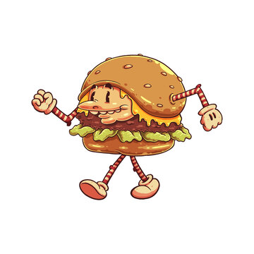 Cheesy cartoon burger mascot marching happily with stretchy limbs, melty layers, and playful retro fast-food comic personality vibes.