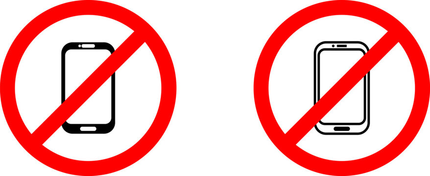 No Phone Prohibited Icons Set with Red Circle Slash and Smartphone in Outline and Solid Style