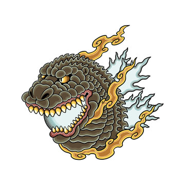 Traditional Javanese tattoo style illustration of a giant armored reptile head with sharp teeth and golden flames, perfect for t-shirt design, apparel streetwear, posters, stickers, and mascots.