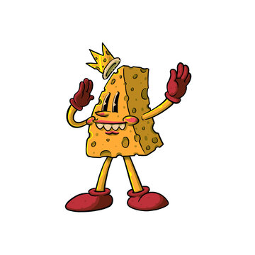 A retro rubber-hose style cartoon character of a Swiss cheese slice wearing a golden crown and red gloves, perfect for vintage t-shirt designs, stickers, logos, and streetwear apparel.