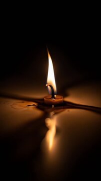 Close-up of a single candle flame flickering in darkness, casting warm light and shadows