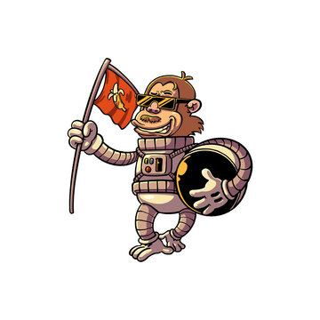 cartoon monkey astronaut in a spacesuit holding a banana flag and helmet, perfect for space adventure, gaming logos, t-shirt prints, and playful vector design assets.