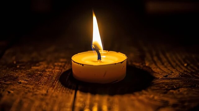 Single candle burning on rustic wood table in dark room, warm light glow