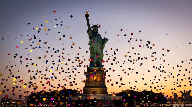 Statue of Liberty celebration with colorful confetti and sunset glow