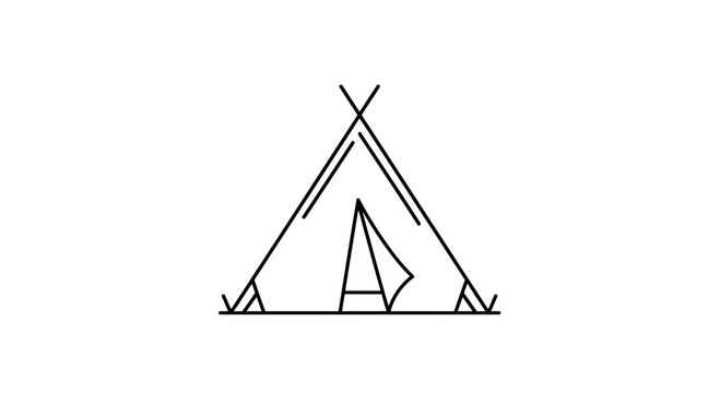 Minimalist line art icon of a teepee or tipi, simple outline drawing for outdoor camping, glamping, adventure, and nature themes.