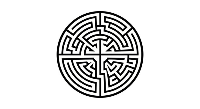 Intricate circular maze labyrinth, black and white puzzle pattern graphic design element, complex problem solving challenge symbol