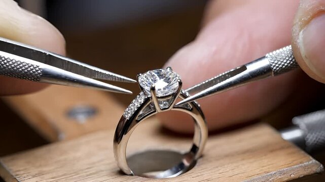 Closeup of a Jeweler Setting a Diamond in a Ring.