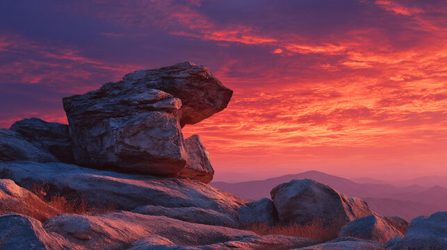 Large rock formation against a sunset sky in a mountainous landscape