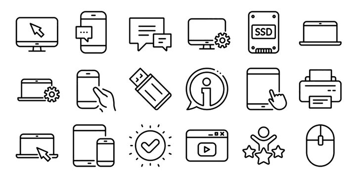 Mobile Device and Computer Line Icon Set, Editable Stroke Laptop Smartphone Storage and Technology Vector Illustration Collection with Transparent Background