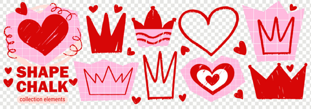Drawn hand brush for chalk crown crayon and sketch scrapbook heart.